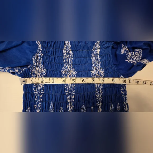 Women's Bohemian Blue and White Smocked Summer Maxi Dress - Picture 3 of 4